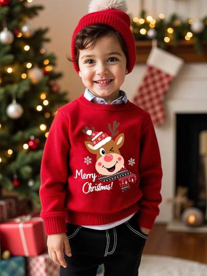 SHEIN Suéter de punto con diseño de reno de dibujos animados, Papá Noel, regalo de Navidad, copos de nieve y árbol de Navidad, adecuado para otoño/invierno y Navidad, para niño pequeño
