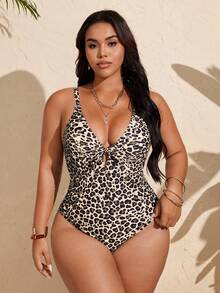 SHEIN Swim Vcay Đồ bơi một mảnh họa tiết da báo gợi cảm cổ chữ V thiết kế khoét lỗ có thể điều chỉnh cỡ lớn dành cho nữ, đi nghỉ thường ngày - Nhiều màu - Xem 6