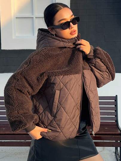 Dazy Plus Fashionable Casual Color Block Hooded Thermal Lined Thick Padded Coat, Plus Size Women, Autumn/Winter