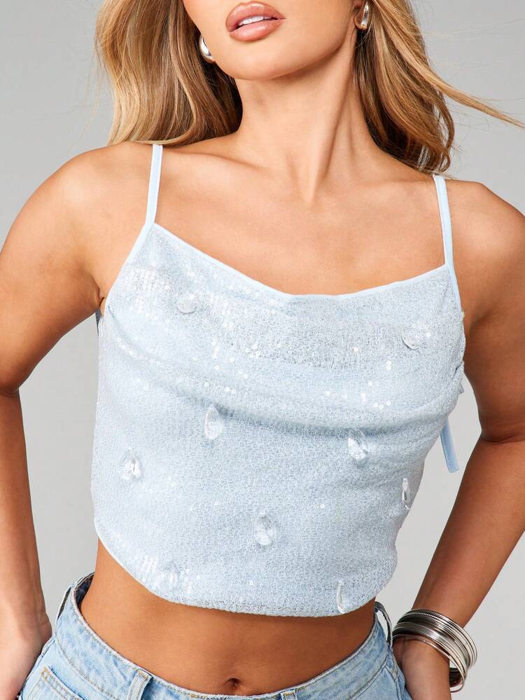 MISSGUIDED Top corto con scollo a cappuccio in paillettes, con dettagli laterali annodati, adatto per feste e festival, scintillante