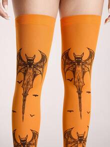 ROMWE Goth 1 par de medias por encima de la rodilla con estilo gótico de murciélago y color naranja - Naranja - Ver 5