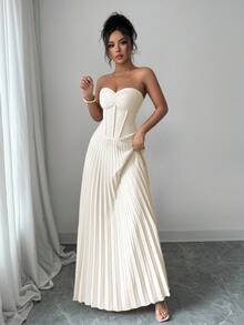 SHEIN Elenzya Elegant Ruched A-Line Waist Dress, Romantic & Refined, Suitable For Back To School, Autumn Outfit, Wedding Guest, Commute, Business Casual - Apricot - View 4
