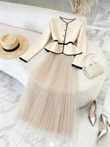 Franclia Bộ 2 món váy midi xếp ly lưới phối màu tương phản, thanh lịch, sang trọng, đa năng, đi làm hàng ngày, họa tiết chắp vá, eo thắt chặt, tay dài, có cạp chun, thu/đông - Màu be - Xem 1