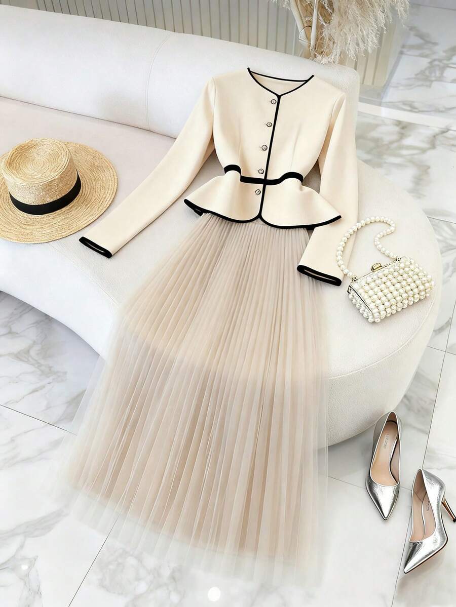 Franclia Bộ 2 món váy midi xếp ly lưới phối màu tương phản, thanh lịch, sang trọng, đa năng, đi làm hàng ngày, họa tiết chắp vá, eo thắt chặt, tay dài, có cạp chun, thu/đông - Màu be - Xem 1