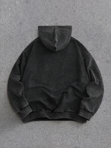 EASEVO Plus Size Men's Casual Black Hoodie Sweatshirt, Vintage Plain Fleece, Long Sleeve Top - Black - View 2