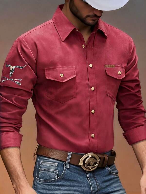 Manfinity Nomadique Men's Western Cowboy Style Casual Long Sleeve Shirt Men Cowboy Shirts Cowboy Carter Shirt Red Cowboy Shirt Red Dress Shirt Rodeo Shirt Men