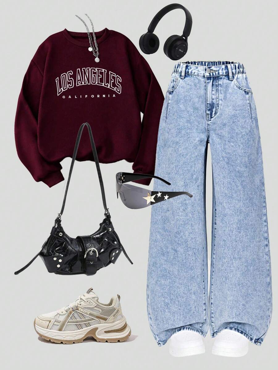 SHEIN ChillGRL 少女宽松牛仔裤,Y2K 风格,秋冬新品,四季皆宜,浅蓝色,舒适棉质,适合上学、通勤和日常穿着 - 淺色水洗藍 - 查看 1