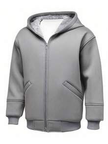 SHEIN Teen Boys' Gray Fluffy Lined Simple Silhouette Jacket, Casual Collegiate Style, Comfortable & Fashionable, Versatile & Practical, Soft Fabric, Suitable For Daily Wear, School, Outings, Outdoor Activities, Teen Boys Grey Hoodies Teen Boys Thermal Lined Hoodie Grey Hooded Jacket Teens Teen Boys Gray Hoodie Jacket Boys Gray Zip Up Hoodie Gray Jacket For Teens Boys Winter Hoodie Teen Hoodies Boys Zipper Jackets Hoodie With Pockets Boys Jackets For Teen Boys Jogging Plush Puffer Grey Gray Jacket Teen - Grey - View 2