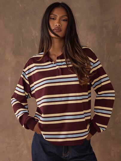 SHEIN BAE Camiseta casual de manga larga con bloques de color y rayas para mujer