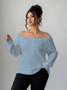 Elenzga Pearl Embellished Off-Shoulder Sweater, Combining Softness And Elegance - Blue - View 4