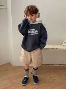 DAZY 男童标语印花撞色长袖休闲宽松卫衣，秋冬款 - 藍色 - 查看 4