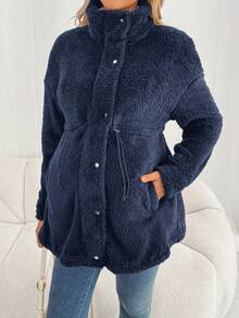 SHEIN 孕妇纯色落肩长袖抽绳腰休闲羊毛常规夹克，秋冬 - 藏蓝色 - 查看 5