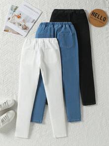 SHEIN 3 件套 TWEEN GIRLS 牛仔裤，高弹柔软牛仔面料，3 种颜色，腰部纽扣细节，休闲基本款，百搭版型，适合秋冬季，新款高价值牛仔裤套装 - 彩色 - 查看 2