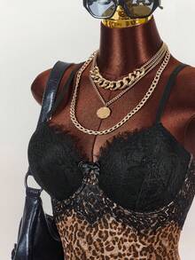 Amplova Vintage Leopard Muster Kleid mit tiefem Ausschnitt, Spaillentaille und figurbetonter Passform in Große Größen