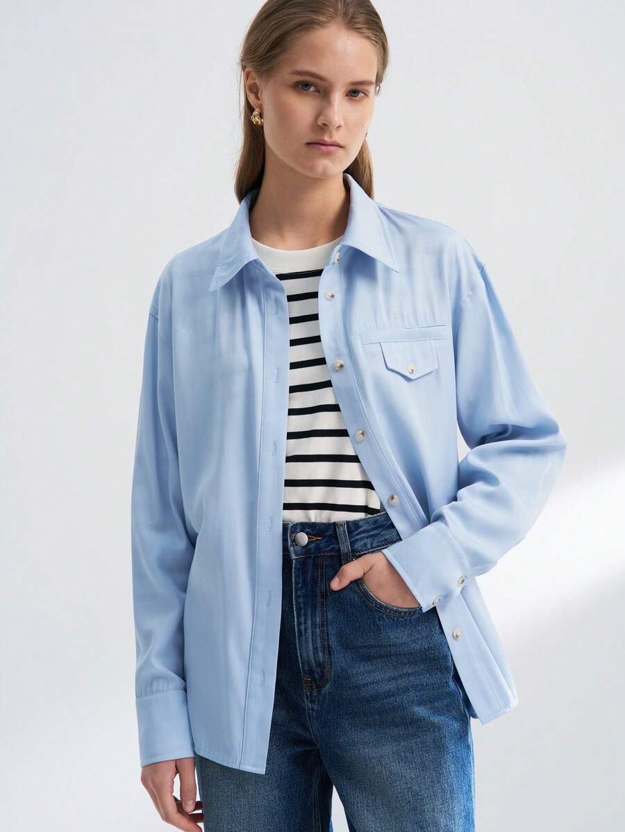 INAWLY Áo sơ mi dài tay cài nút màu trơn thường ngày dành cho nữ - Màu xanh nhạt - Xem 1