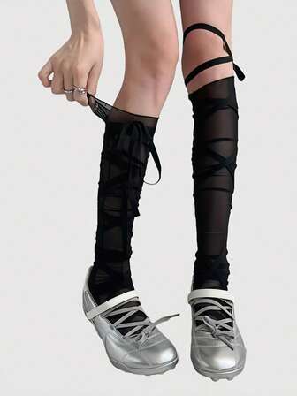 Anime Calze al ginocchio asimmetriche con lacci incrociati in stile punk Y2K, calze autoreggenti da donna di colore solido regolabili