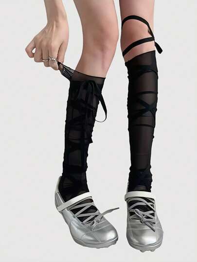 Anime Calcetines por encima de la rodilla asimétricos con cruce atado, estilo punk Y2K, unicolor ajustable para mujeres