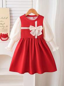 Young Girls' Patchwork Puff Sleeve Dress With 3D Bow Cuff Ruffle Trim, Suitable For Vintage Elegant Daily Wear - Multicolor - View 3
