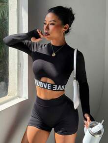 SHEIN Dewbera Women's Letter Print Cutout Raglan Long Sleeve Cropped Sports T-Shirt Workout - Black - View 1