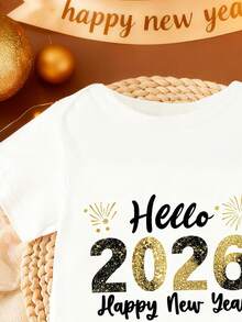 女婴时尚简约2026新年标语黑金字母印花白色短袖连体衣，适合新年宝宝穿着，新年服装，婴儿连体衣，中性婴儿服装 - 白色 - 查看 4