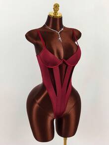 Amplova 女士纯色细肩带镂空性感无袖紧身衣 - 紅色 - 查看 7