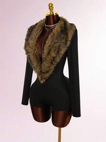 Amplova 毛领拼接深V领长袖紧身连体裤