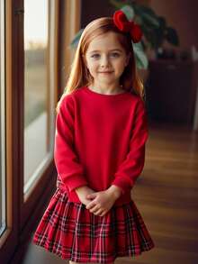 SHEIN Young Girls' Red Plaid Skirt Set,Long Sleeve Sweatshirt Dress,Winter Princess Outfit For Birthday & Back-To-School,Autumn Two Piece Kids Clothes Set - Red - View 6