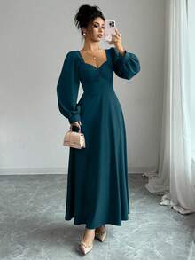 Elenzga 女士优雅方领泡泡袖束腰长裙，适合日常通勤 - 水鴨藍 - 查看 5