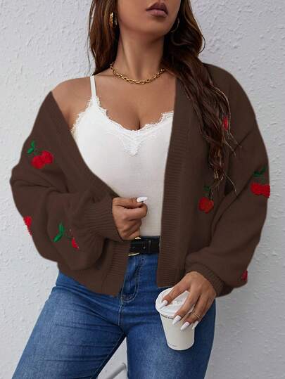 Vionelle كارديجان كاجوال للنساء ذوات الحجم الكبير بأكمام فانوس وتطريز الكرز الأسود، الكتف مكشوف، مناسب للخريف والشتاء