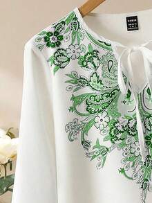 Lacomfia Áo sơ mi nữ tay dài cổ buộc họa tiết hoa thời trang và kín đáo, thích hợp cho kỳ nghỉ - màu xanh lá - Xem 5