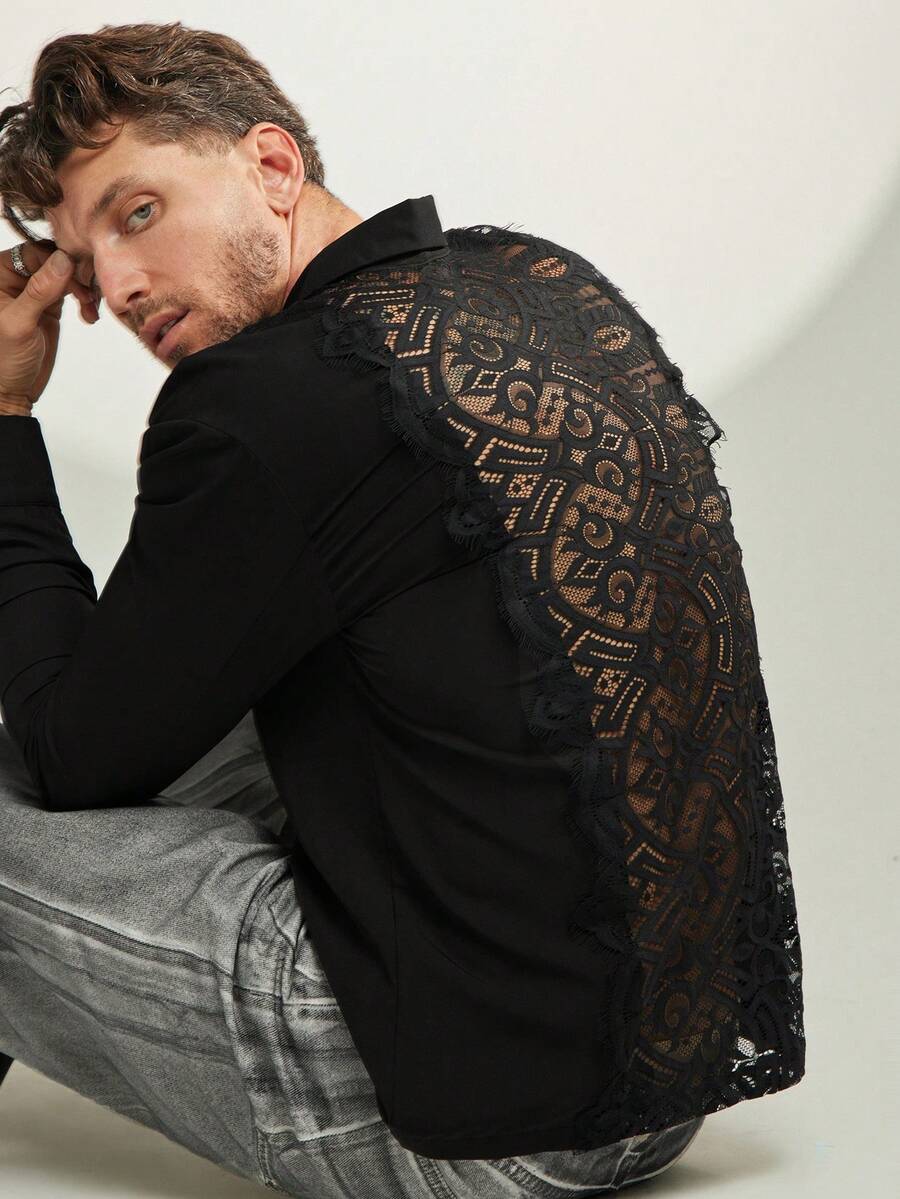 FeverCity Men's Autumn/Winter Long Sleeve Shirt With Lace Cutout Back Panel - Black - View 1