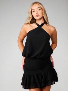 MISSGUIDED Vestido mini con cuello halter y volantes en el bajo para fiestas y ocasiones de noche - Negro - Ver 4