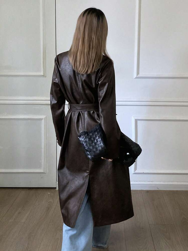 Women's Solid Color Loose V-Neck Double-Breasted Belt Long Elegant Autumn/Winter Trench Coat Leather Jacket
