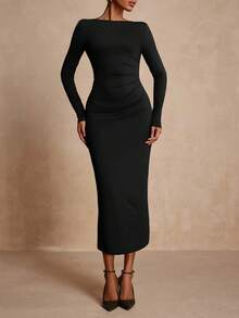 Vesra Vestido de punto ajustado con decoración metálica en la espalda para mujeres, para fiestas y reuniones - Negro - Ver 4