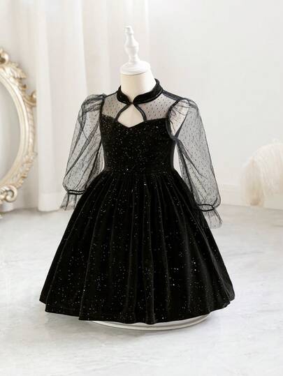 Glamorique Kids Young Girls Elegant Graceful Luxurious Black Mesh Polka Dot Hollow Long Sleeve Black Velvet Lace Dress, Formal Wear