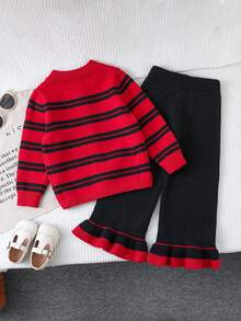 Girls Classic Colorblock Striped Knit Cardigan Sweater And Wide Leg Pants Set, Suitable For Christmas, Travel, Party, Comfortable For Home Wear Girls Sweater Sets Winter Young Girls Sets Red Two Piece Outfit Kids Two Piece Pants Set Kids Girl Knit Set - Red - View 2
