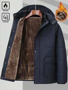 Manfinity Homme 男士秋冬时尚口袋保暖加厚羽绒服，可拆卸帽子，休闲宽松绗缝外套，藏蓝色，商务休闲两相宜，男士保暖加厚羽绒服，男士冬季外套，男士保暖加厚夹克，男士冬季派克大衣，男士连帽冬季外套，加厚羽绒服，男友/老公礼物，周年纪念礼物，男士休闲夹克，男士冬季外套，男士保暖外套 - 寶藍色 - 查看 4