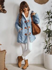 EMERY ROSE 女士秋冬长袖连帽牛仔外套，纽扣闭合，加厚牛仔面料，带保暖内衬 - 藍色 - 查看 7