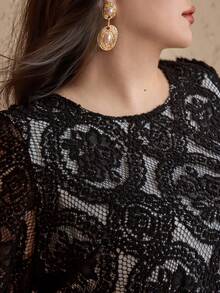 Dazy Plus Vestido Solto de Manga Lanterna com Renda Estilo A-Line para Mulheres Plus Size, Adequado para Festa, Encontro, Baile de Formatura, Vestidos Elegantes para Mulheres - Preto - Visão 7