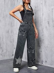 SHEIN Teen Girl Y2k Frayed Patchwork Star Gray Denim Loose Fit Overalls,Fall Clothes,Winter Clothing ,Casual And Fashionable Vacation Outfits,2000s Style ,Halloween Denim Jeans ,Christmas Outfits,Street Wear  Overalls,Bluck Denim Pants