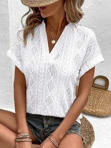 INAWLY Summer Plus Size Women V-Neck Bat Sleeve T-Shirt With Rhombus Jacquard Pattern