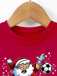 Camiseta de manga corta navideña para niño preadolescente, camiseta gráfica casual y de moda con diseño lindo de Papá Noel y fútbol, color rojo, uso versátil para uso diario de estudiantes jóvenes