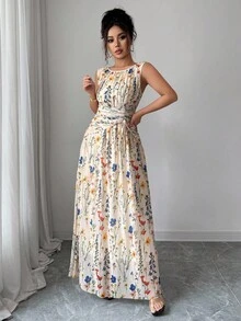 Rafferiza Đầm chữ A không tay cổ tròn phối lưới họa tiết hoa thanh lịch dành cho nữ, eo thắt eo - Màu be - Xem 6