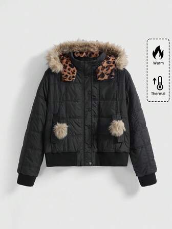 Plus Size Gothic Grunge Punk Leopard Faux Fur Hooded Quilted Cotton Jacket, Autumn/Winter Women Plus Size Black Quilted Cotton Coat, Plus Size Fashion Leopard Print Hooded Quilted Cotton Jacket, Women Long Sleeve Casual Commuter Autumn/Winter Cotton Coat