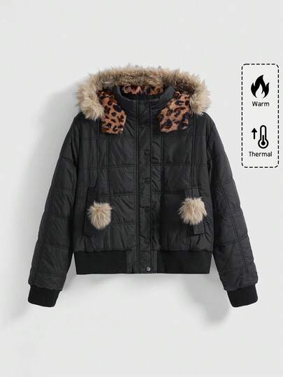 Goth Giacca imbottita in cotone con cappuccio in finta pelliccia leopardata, stile gotico grunge punk, per taglie comode, Autunno/Inverno. Cappotto imbottito in cotone nero per taglie comode, Autunno/Inverno. Giacca imbottita in cotone con cappuccio e stampa leopardata, per taglie comode, stile moda. Cappotto casual in cotone a maniche lunghe, stile pendolare, Autunno/Inverno.