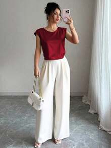 Franclia 女士优雅时尚圆领无袖宽松上衣和阔腿褶皱宽松裤两件套 - 彩色 - 查看 3