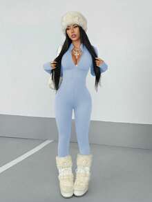 StreetHx Bộ đồ liền thân dài tay, màu trơn, khóa kéo nửa đầu thời trang dạo phố dành cho nữ, mùa thu - Màu xanh lam - Xem 6