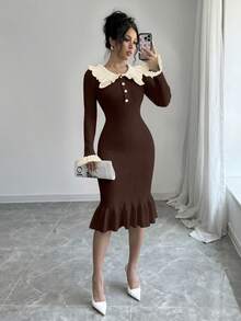 Elenzga Vestido de punto de manga larga con volantes en el bajo y contraste de color para mujer - Café integral - Ver 4