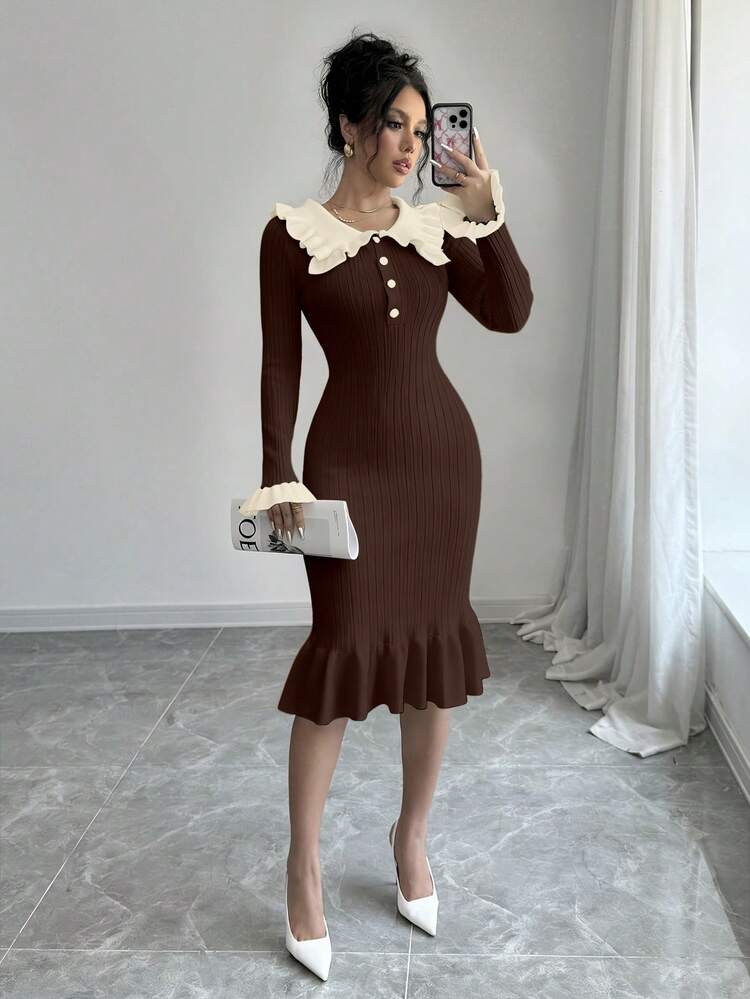 SHEIN Elenzya 女式撞色荷叶边下摆长袖针织连衣裙 - 咖啡棕 - 查看 4