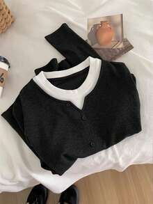 Franclia Women's Single-Breasted 2 In 1 Fleece Long Sleeve T-Shirt - Black - View 1